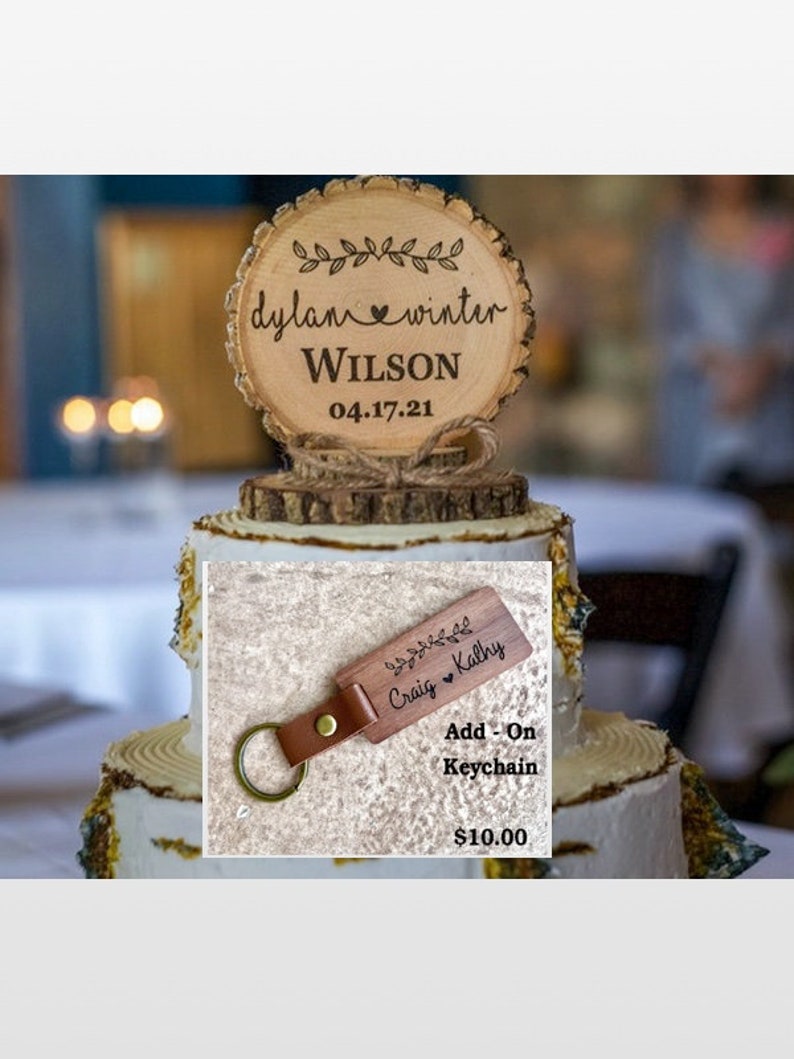 Rustic Wedding Cake Topper, Wood Cake Topper Combo with Keychain, Wedding Keepsake, Engraved Cake Top and Keychain, Wedding Gift image 1