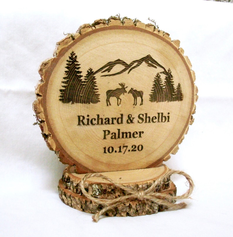 Lodge Mountain Trees Rustic Wood Engraved Cake Top Moose Wedding Cake Topper