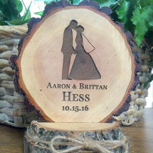 Bride and Groom Cake Topper, Rustic Wood Wedding Top, Engraved Wooden Gift image 2