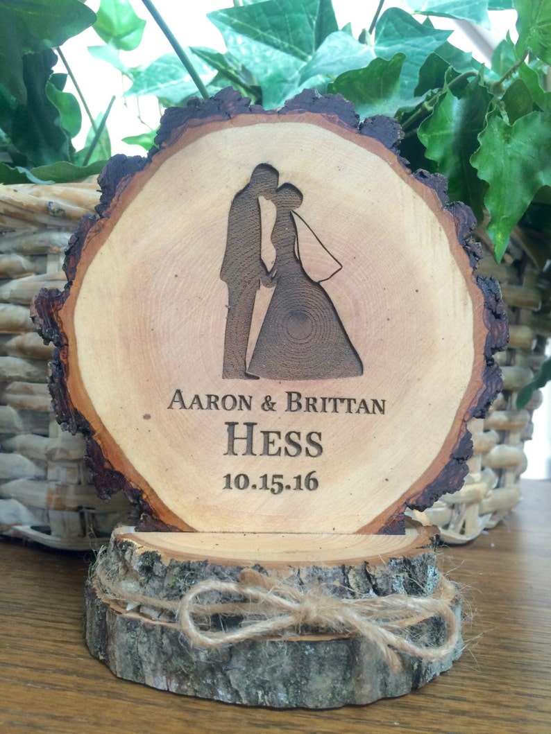 Bride and Groom Cake Topper, Rustic Wood Wedding Top, Engraved Wooden Gift image 2