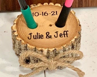 Rustic Wood Pen Holder Wedding, Decoration Wedding, Engraved Wedding Decor, Personalized Pen Holder, Pen Holder, Barn Wedding Pen Holder