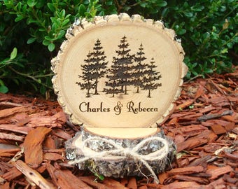 Wood Wedding Cake Topper, Forest Trees, Rustic Engraved Cake Top, Woodland Wedding