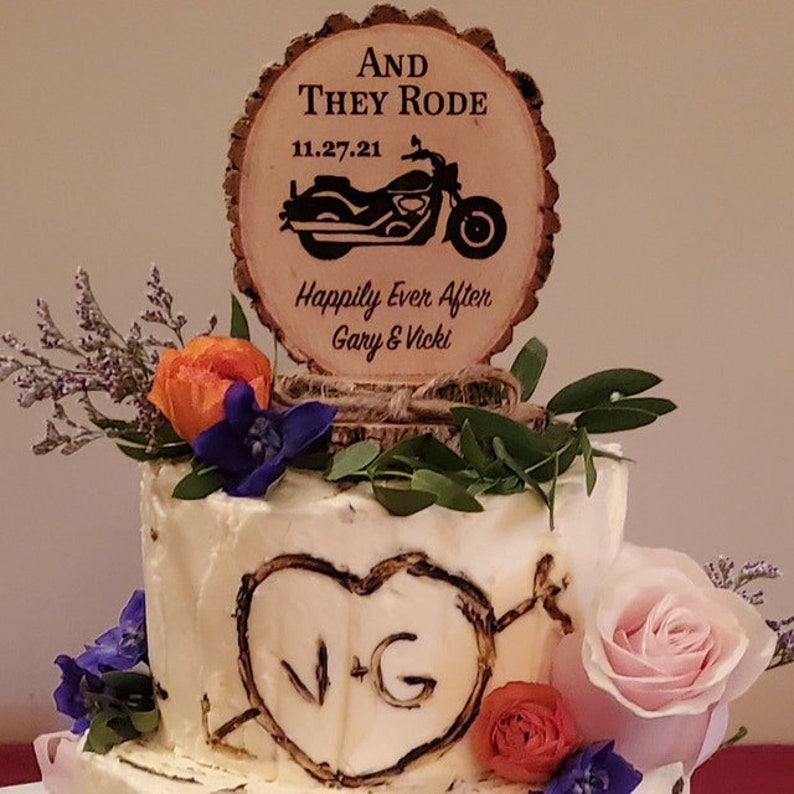 Motorcycle Cake Topper, Rustic Wedding Cake Topper, Wood Slice Cake Topper, Motorcycle Wedding, Engraved Topper, Motorcycle Cake Top image 1