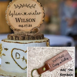 Rustic Wedding Cake Topper, Wood Cake Topper Combo with Keychain, Wedding Keepsake, Engraved Cake Top and Keychain, Wedding Gift image 3