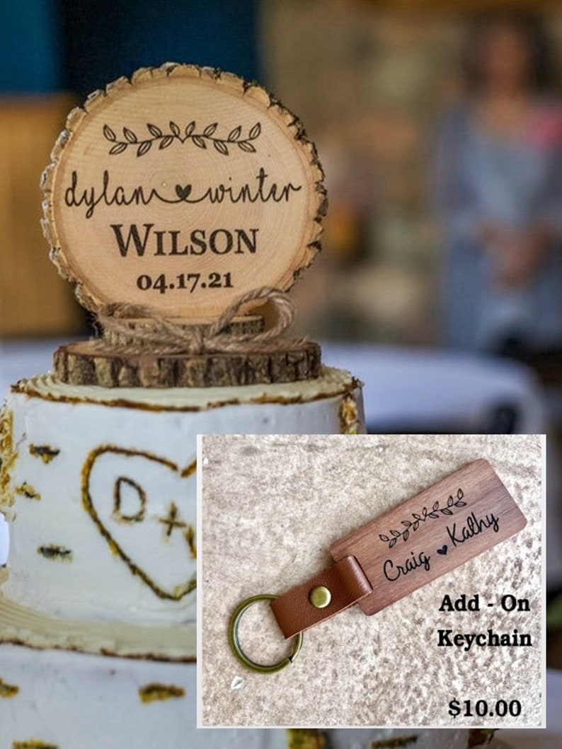 Rustic Wedding Cake Topper, Wood Cake Topper Combo with Keychain, Wedding Keepsake, Engraved Cake Top and Keychain, Wedding Gift image 3
