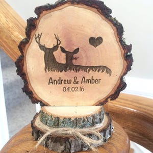 Engraved Wood Slice Deer Cake Topper: Rustic Wedding Anniversary