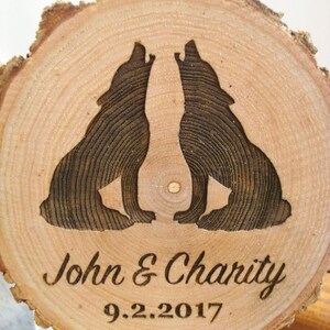 Wolf Cake Topper, Rustic Wedding Cake Topper, Wolves Cake Topper, Wood Cake Top, Engraved Cake Topper, Wood Slice Cake Topper, Barn Wedding image 3