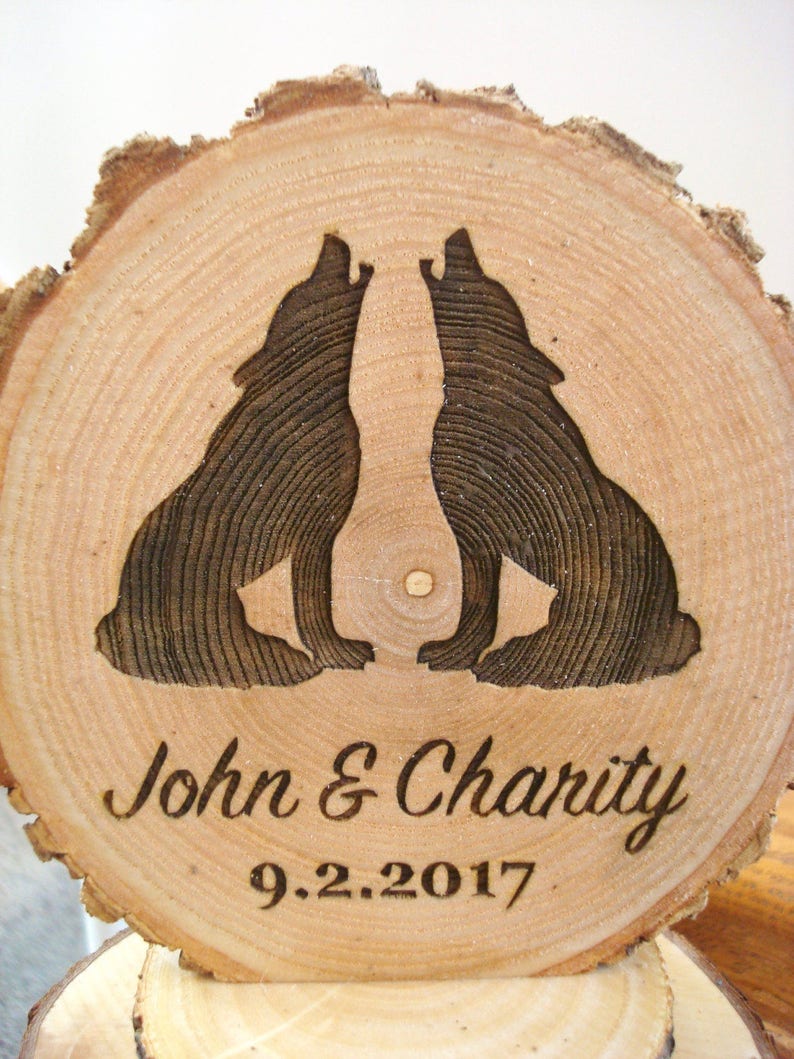 Wolf Cake Topper, Rustic Wedding Cake Topper, Wolves Cake Topper, Wood Cake Top, Engraved Cake Topper, Wood Slice Cake Topper, Barn Wedding image 3