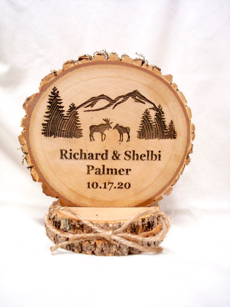 Lodge Mountain Trees Rustic Wood Engraved Cake Top Moose Wedding Cake Topper