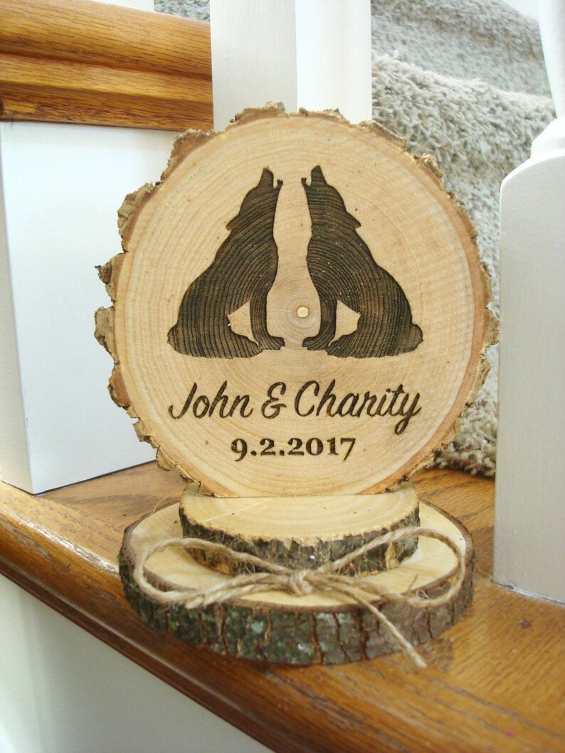 Wolf Cake Topper, Rustic Wedding Cake Topper, Wolves Cake Topper, Wood Cake Top, Engraved Cake Topper, Wood Slice Cake Topper, Barn Wedding image 5