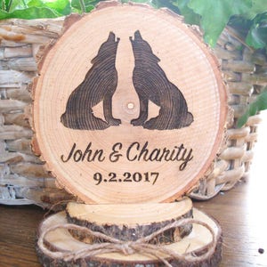 Wolf Cake Topper, Rustic Wedding Cake Topper, Wolves Cake Topper, Wood Cake Top, Engraved Cake Topper, Wood Slice Cake Topper, Barn Wedding image 4