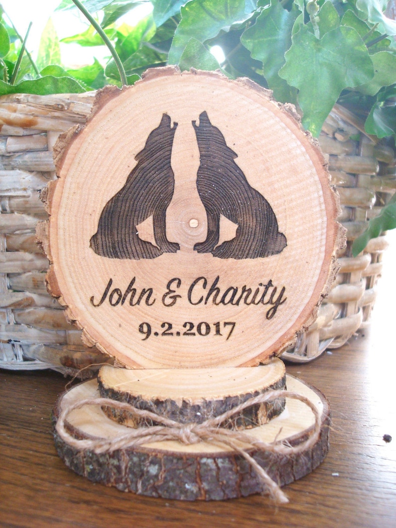 Wolf Cake Topper, Rustic Wedding Cake Topper, Wolves Cake Topper, Wood Cake Top, Engraved Cake Topper, Wood Slice Cake Topper, Barn Wedding image 4