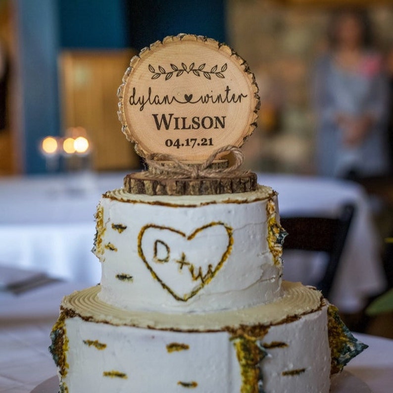 Rustic Wedding Cake Topper, Wood Cake Topper Combo with Keychain, Wedding Keepsake, Engraved Cake Top and Keychain, Wedding Gift image 5