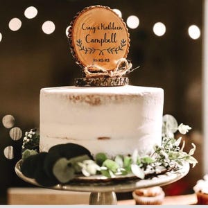 Rustic Cake Topper for Wedding, Engraved Wood Gift, Cake Top Pine Branch