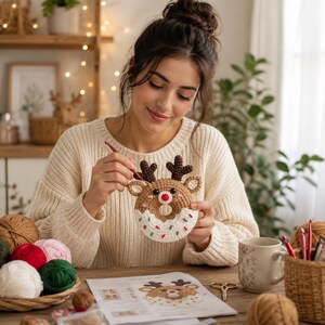 May include: A crocheted reindeer donut ornament featuring a light brown face, dark brown antlers, a red nose, and white icing with colorful sprinkles. The item is held while being worked on with a red crochet hook, with yarn balls nearby.