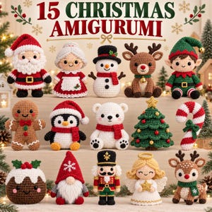 Może przedstawiać: Kolekcja 15 świątecznych figurek amigurumi wykonanych na szydełku, w tym Święty Mikołaj, Pani Mikołajowa, bałwan, renifery, elf, piernikowy ludzik, pingwin, niedźwiedź polarny, choinka, laska cukrowa, pudding, krasnal, dziadek do orzechów i aniołek.