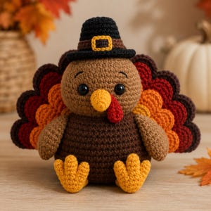 May include: A crocheted turkey figurine featuring a dark brown body, light brown wings, and bright yellow feet. The turkey wears a black pilgrim hat with a brown band and yellow buckle, and has a fan-shaped tail with layers of dark brown, orange, and red.