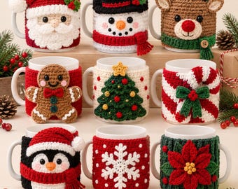 Weihnachtliches Häkel-Tassenwärmer-Set, 9 Anleitungen für weihnachtliche Tassenwärmer, Weihnachtsmann, Schneemann, Rentier, Pinguin (PDF), DIY-Weihnachtsgeschenk (PDF)