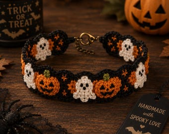 Halloweenarmband, griezelig gehaakt sieraad, herfst DIY-patroon, direct te downloaden, polsband met spook en pompoen, PDF