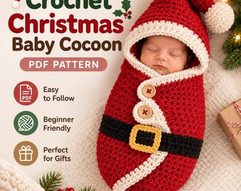 Gehaakte kerstbabycocon, kerstmanbabycocon (PDF), patroon voor een babycocon voor pasgeborenen, fotorekwisiet voor de feestdagen (PDF)