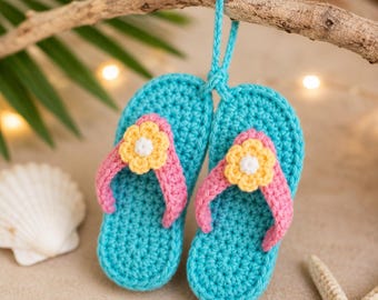 Haakpatroon voor teenslippers (PDF), handleiding voor het haken van een strandsandaalversiering, teenslippers met zomerbloemen, zelfgemaakte haakdecoratie.
