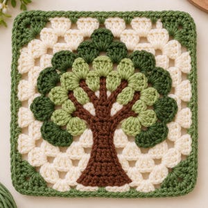 Crochet Tree of Life Square Pattern, Granny Square Tree Motif, Botanical Crochet Decor, Nature Inspired Wall Hanging,  PDF
