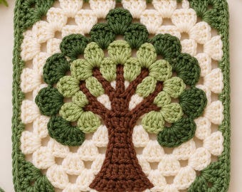 Haakpatroon Levensboom Vierkant, Oma Vierkant Boommotief, Botanische Haakdecoratie, Natuurgeïnspireerde Wanddecoratie, PDF