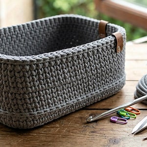 Könnte beinhalten: Ein grauer rechteckiger Häkelkorb mit braunen Lederakzenten. Ein Häkelhaken, eine Schere, Garn und Maschenmarkierer liegen neben dem Korb. Der Korb steht auf einer Holzoberfläche.