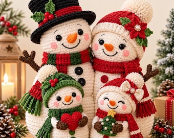 Haakpatroon voor een sneeuwpoppenfamilie, kerstamigurumi sneeuwpoppen, winterse feestdecoratie, digitaal downloadpatroon, PDF