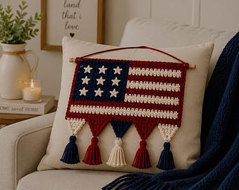 Gehaakt patroon vlag muur, patriottische gehaakte banner, wanddecoratie kwastje, pdf