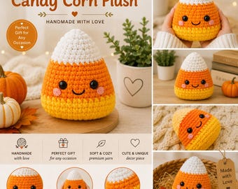 Wzór na szydełkową pluszową kukurydzę cukrową w formacie PDF, dekoracja na Halloween amigurumi, zabawka Kawaii w kształcie kukurydzy cukrowej, wzór na szydełkowanie dla początkujących, jesienny prezent DIY, PDF