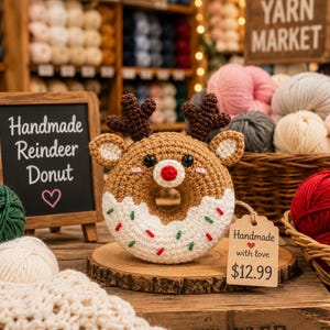 May include: A crocheted reindeer donut with brown yarn, a white icing top, red and green sprinkles, and dark brown antlers. It features black eyes, a red nose, and pink cheeks. A tan tag attached with twine reads Handmade with love $12.99.
