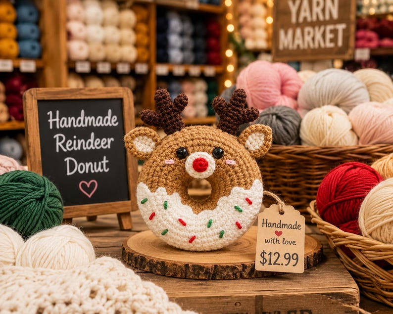 May include: A crocheted reindeer donut with brown yarn, a white icing top, red and green sprinkles, and dark brown antlers. It features black eyes, a red nose, and pink cheeks. A tan tag attached with twine reads Handmade with love $12.99.