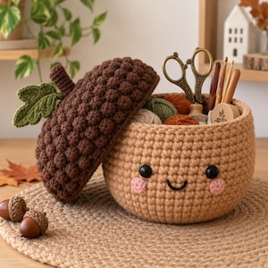 May include: A round, tan crocheted basket with a smiling face, pink cheeks, and a large, detachable dark brown acorn cap lid featuring a green leaf. The basket contains yarn balls, wooden crochet hooks, and vintage-style metal scissors.