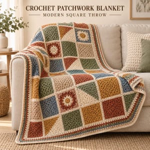 May include: A crochet patchwork blanket featuring a grid of squares and triangles in muted tones of sage green, terracotta, mustard yellow, and dusty blue, accented with cream-colored borders and floral motifs. Text reads: CROCHET PATCHWORK BLANKET MODERN SQUARE THROW.