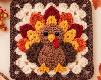 Haakpatroon voor een kalkoen (Grandma Square), Thanksgiving kalkoen haakwerk, herfstdecoratie (Grandma Square), haakhandleiding, PDF