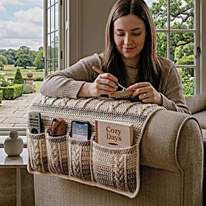 May include: A beige crocheted sofa armrest organizer with multiple pockets, holding a remote, a phone, and a book labeled "Cozy Days." The organizer is placed on a beige sofa, with a woman crocheting. A ball of yarn and needles are on the sofa.
