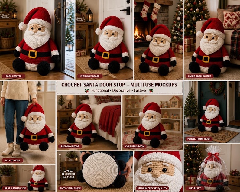 May include: A crochet Santa Claus door stop featuring a red suit, white beard, black belt with a yellow buckle, and black boots. The figure has a flat, circular base and is shown in various settings, including a porch, bedroom, and living room.