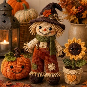 May include: A crochet scarecrow doll wearing a brown hat with a leaf, a green scarf, and brown overalls with patches. Beside it sits a small orange crochet pumpkin with a face and a crochet sunflower in a beige pot with a heart design.