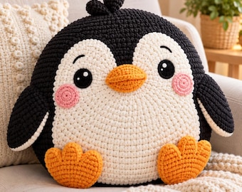 Crochet Penguin Pillow Pattern, Cute Penguin Plush, Amigurumi Cushion ,Digital Download ,  PDF
