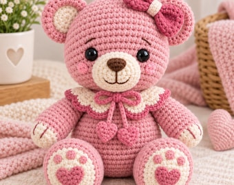 Haakpatroon voor een roze teddybeer, amigurumi beer PDF-patroon, schattige hartvormige teddybeer, haakpatroon voor beginners, digitale download, PDF