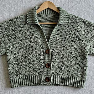 May include: A sage green, short-sleeved, crocheted cardigan with a collared neckline and three brown buttons. The textured stitch pattern covers the entire sweater, which is displayed on a wooden hanger.