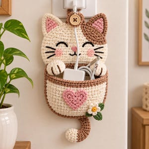 May include: A cream and brown crocheted cat-shaped wall pocket hanging from a wall outlet. The cat features pink cheeks, a wooden button at the top, a pink heart on the pocket, and a small white flower. A white charging block and cable are inside.