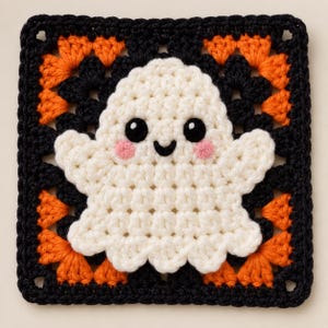 Puede incluir: Un cuadrado de ganchillo tipo granny square con una aplicación central de fantasma blanco que tiene ojos negros, una pequeña boca negra y mejillas rosadas. El borde está compuesto por grupos de lana negra y naranja alternados.