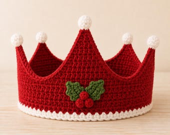 Haakpatroon voor een kerstkroon, feestelijke kroon met hulstbessen, kerstman-geïnspireerde gehaakte hoofdtooi, digitaal doe-het-zelfpatroon, PDF