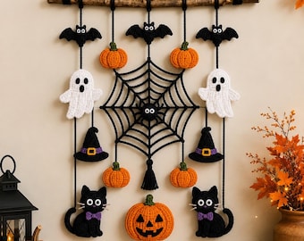 Haakpatroon voor een Halloween wanddecoratie (PDF): Spinnenweb, spook, vleermuis, pompoen, kat, heksenhoed. DIY Halloween decoratie (PDF).