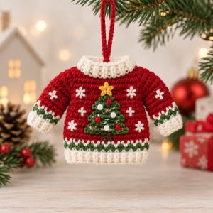 Peut inclure: Un ornement miniature en crochet en forme de pull rouge, doté d'un col, de poignets et d'un ourlet côtelés blancs. L'avant présente un sapin de Noël vert avec des boules rouges et blanches, une étoile jaune et des flocons brodés.