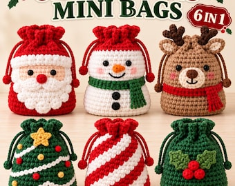 Haakpatroon voor een mini-kersttasje, 6-in-1 patroon voor een cadeautasje met trekkoord, kerstman, sneeuwpop en rendier, feestelijk traktatiezakje, PDF