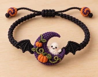May include: A black macrame bracelet featuring a central purple crescent moon charm adorned with two small orange pumpkins, green vines, and a tiny white ghost. The bracelet has black bat wings on each side and adjustable ends with orange and purple beads.