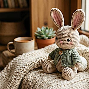 Può includere: Un coniglio all'uncinetto beige con orecchie lunghe dai dettagli interni rosa, occhi neri e un piccolo naso rosa. Il coniglio indossa un cardigan lavorato a maglia verde salvia con un bottone marrone e ha una coda a pon-pon bianca, seduto su una coperta.